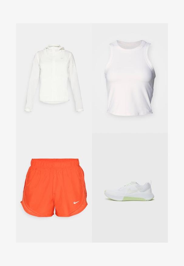 Veste blanche Nike avec capuche, fermeture éclair intégrale, poignets élastiques et un logo discret sur la poitrine. Texture lisse et design léger.; Top court sans manches blanc en tissu lisse et extensible. Il présente un col rond et des détails de couture subtils le long des bordures.; Shorts de sport orange avec une taille élastique, des fentes latérales et un logo Nike blanc sur le devant. Fabriqués en tissu lisse et léger.; Baskets de sport blanches avec dessus en mesh texturé, accents vert lime sur la semelle et les lacets, et design à bout arrondi pour plus de flexibilité.