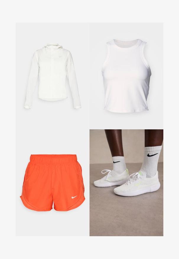 Weiße Nike-Jacke mit Kapuze, durchgehendem Reißverschluss, elastischen Bündchen und einem dezenten Logo auf der Brust. Glatte Textur und leichtes Design.; Weißes ärmelloses Croptop aus glattem, dehnbarem Stoff. Besitzt einen runden Ausschnitt und dezente Nähte entlang der Kanten.; Orange Sportshorts mit einem elastischen Bund, seitlichen Schlitzen und einem weißen Nike-Logo auf der Vorderseite. Hergestellt aus einem glatten, leichten Stoff.; Weiße Nike-Sneaker mit strukturiertem Mesh-Obermaterial und neongrünen Akzenten, kombiniert mit gerippten weißen Socken, die ein schwarzes Logo tragen.