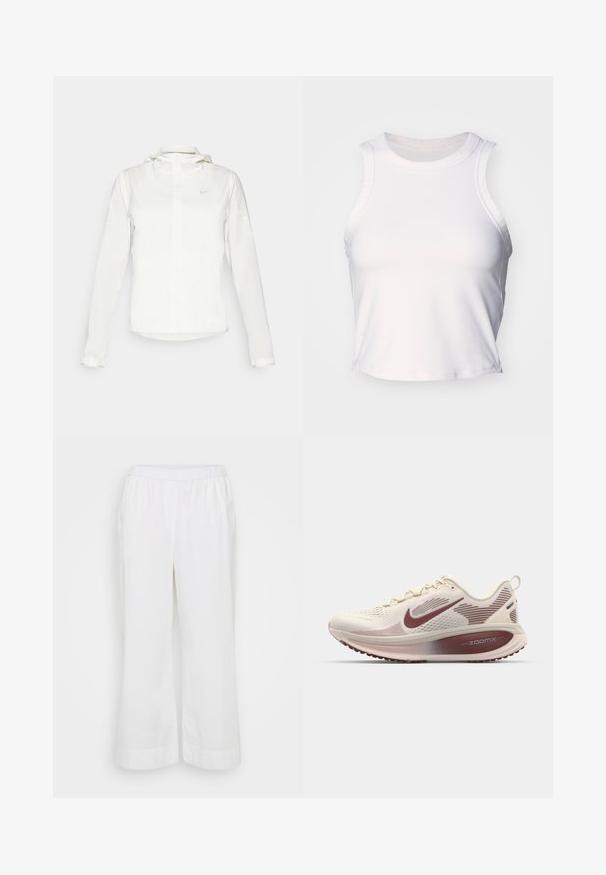Vit Nike-jacka med huva, hel dragkedja, elastiska ärmslutar och en diskret logotyp på bröstet. Slät textur och lätt design.; Vit ärmlös crop top i ett mjukt, stretchigt material. Har en rundad halsringning och subtila sömnadsdetaljer längs kanterna.; Vita, vida byxor i lätt material. Har ett elastiskt midjeband och sidofickor, med en slät, matt yta.; Nike Performance VOMERO 18 - Väglöparskor - pale ivory/dark team red/red sepia/silt red/phantom