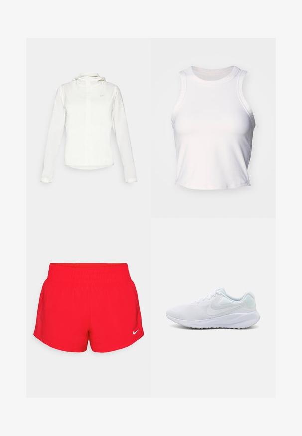 Casaco branco da Nike com capuz, fecho completo, punhos elásticos e um logótipo subtil no peito. Textura suave e design leve.; Top cropped branco sem mangas feito de um tecido liso e elástico. Apresenta um decote arredondado e detalhes de costura sutis ao longo das bordas.; Calções atléticos vermelhos feitos de um tecido leve, com um cós elástico, bordas acabadas e um pequeno logotipo branco da Nike.; Sapatilhas brancas desportivas com parte superior em malha, design texturizado, biqueira arredondada, colarinho almofadado e detalhes em azul claro no calcanhar. Sola de borracha.