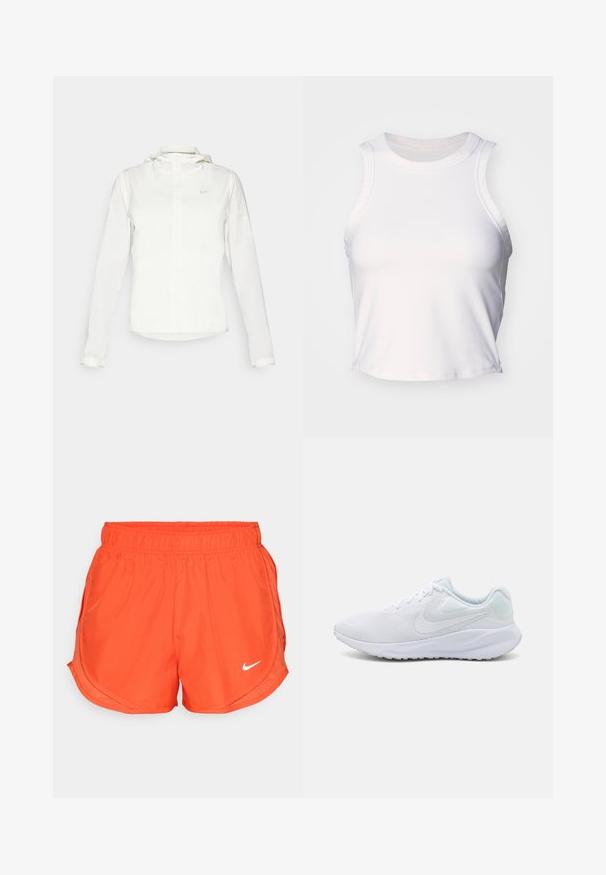 Valge Nike jakker, millel on kapuuts, täispikk tõmblukk, elastsed mansetid ja diskreetne logo rinnal. Sile tekstuur ja kerge disain.; Valge ilma varrukateta crop top, mis on valmistatud siledast ja venivast kangast. Omab ümmargust kaelust ja õrnalt õmblusdetailidega servades.; Oranžid sportlikud lühikesed püksid, millel on elastne vöökoht, külgmised lõhed ja ees valge Nike logo. Valmistatud siledast ja kergest kangast.; Valged spordijalatsid, millel on võrgu ülemine osa, tekstuuriline disain, ümar varvas, pehme krae ja helesinised aktsendid kandadel. Kummi tald.