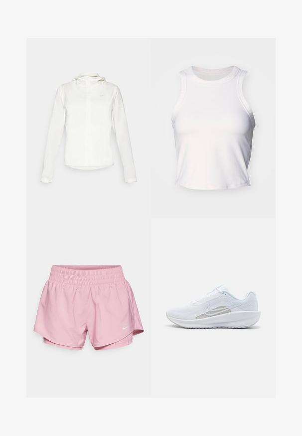Chaqueta blanca de Nike con capucha, cremallera completa, puños elásticos y un logo sutil en el pecho. Textura suave y diseño ligero.; Top corto sin mangas blanco hecho de una tela suave y elástica. Presenta un escote redondeado y detalles de costura sutiles a lo largo de los bordes.; Nike Performance ONE - Shorts 2 en 1 - elemental pink/reflective silver; Zapatilla deportiva blanca con parte superior de malla, punta redondeada y suela texturizada. Presenta un swoosh de Nike plateado y un diseño minimalista.
