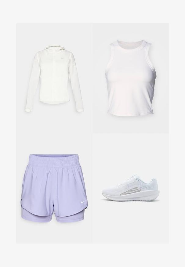 Biała kurtka Nike z kapturem, na zamek błyskawiczny, elastyczne mankiety i subtelne logo na piersi. Gładka tekstura i lekka konstrukcja.; Biały bezrękawnik crop top wykonany z gładkiego, elastycznego materiału. Posiada okrągły dekolt i subtelne detale przeszycia wzdłuż krawędzi.; Liliowe szorty sportowe o lekkiej konstrukcji, z elastycznym pasem i białym logo Nike z przodu. Zawierają wewnętrzne spodenki dla większego komfortu.; Białe sportowe buty z siateczkową cholewką, zaokrąglonym noskiem i teksturowaną podeszwą. Posiadają srebrny logo Nike i minimalistyczny design.