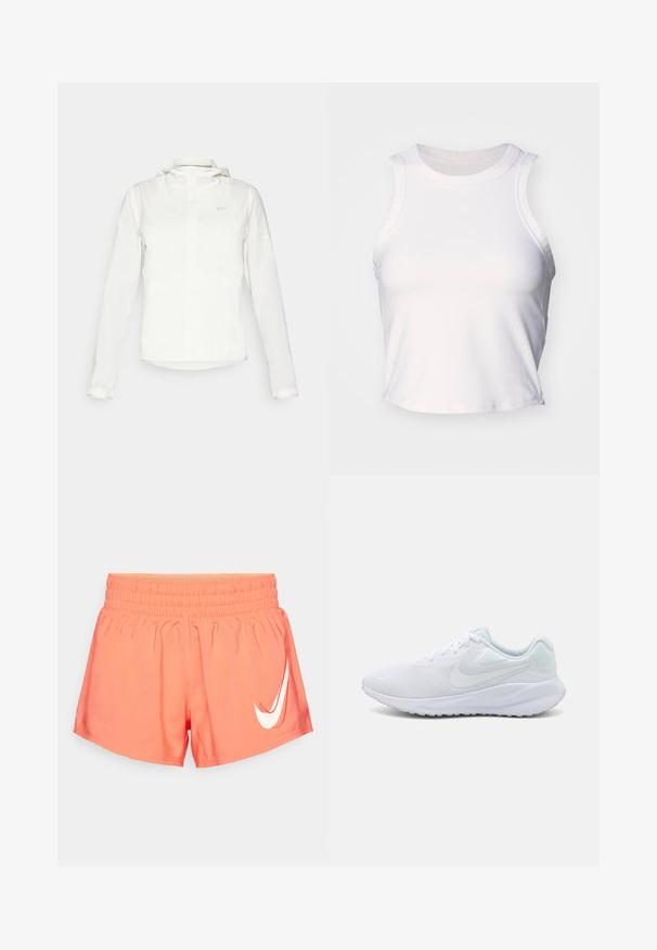 Hvit Nike-jakke med hette, hel glidelås, elastiske mansjetter og en diskret logo på brystet. Glatt tekstur og lett design.; Hvit ermeløs crop top laget av glatt, elastisk stoff. Har en rund halslinning og subtile sømdetaljer langs kantene.; Koral atletiske shorts med elastisk midje, glatt tekstur og en fremtredende hvit Nike-logo på venstre front.; Hvite joggesko med mesh-overdel, teksturert design, avrundet tå, polstret krage og lyseblå detaljer på hælen. Gummisåle.
