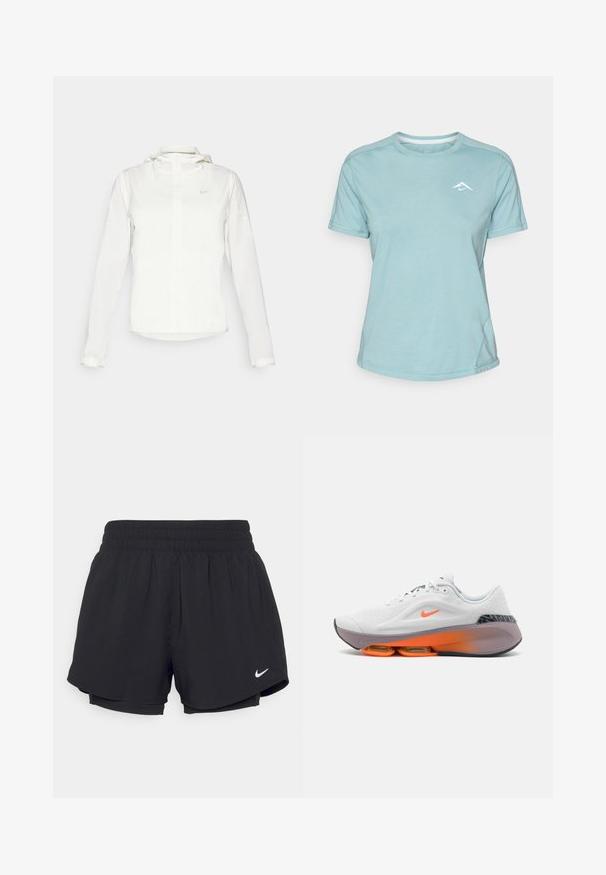 White Nike jacket with a hood, full zip, elastic cuffs, and a subtle logo on the chest. Smooth texture and lightweight design.; Light blue short-sleeve t-shirt made of soft fabric, featuring a round neckline and a small white logo on the chest. Seam detailing visible.; Black athletic shorts with a gathered elastic waistband, inner lining, and white Nike logo on the lower left side. Smooth, lightweight fabric.; Nike Performance VERSAIR PRM - Training shoe - purple, grey