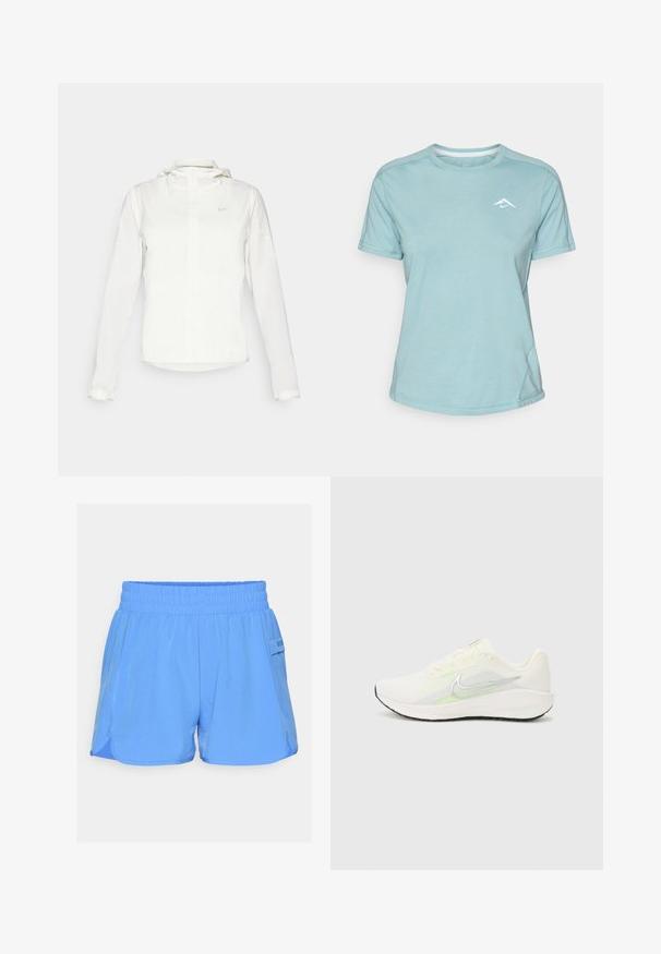 Valge Nike jakker, millel on kapuuts, täispikk tõmblukk, elastsed mansetid ja diskreetne logo rinnal. Sile tekstuur ja kerge disain.; Hele sinine lühikeste varrukatega T-särk, mis on valmistatud pehmest kangast, ümara kaelusega ja väikese valge logoga rinnal. Õmblusdetailid on nähtavad.; Heledad sinine sportlikud lühikesed püksid elastse vöökoha, küljetaskute ja kontrastsete õmbluste detailidega. Sile tekstuur ja vabalt istuv lõige.; Nike Performance DOWNSHIFTER 13 - Maanteejooksu jalatsid - sail/silver-coloured photon dust/summit white/barely volt/black
