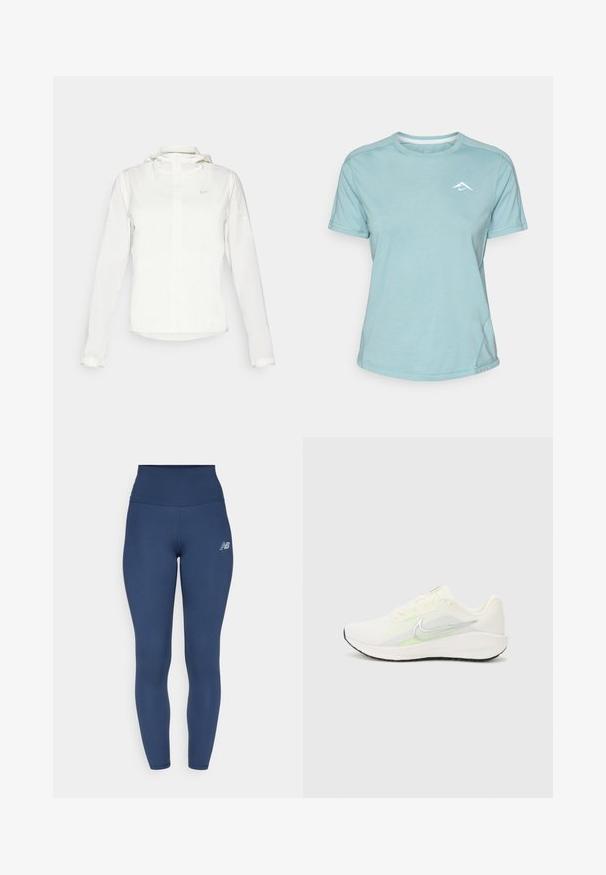 Giacca Nike bianca con cappuccio, zip completa, polsini elasticizzati e un logo discreto sul petto. Texture liscia e design leggero.; T-shirt azzurro chiaro a maniche corte realizzato in tessuto morbido, con collo rotondo e un piccolo logo bianco sul petto. Dettagli delle cuciture visibili.; New Balance Leggings - navy; Nike Performance DOWNSHIFTER 13 - Scarpe da corsa su strada - sail/silver-coloured photon dust/summit white/barely volt/black