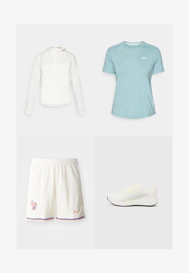White Nike jacket with a hood, full zip, elastic cuffs, and a subtle logo on the chest. Smooth texture and lightweight design.; Light blue short-sleeve t-shirt made of soft fabric, featuring a round neckline and a small white logo on the chest. Seam detailing visible.; White athletic shorts featuring a textured fabric, a rooster emblem, and contrasting blue and red striped accents at the hem. Nike logo in peach.; Nike Performance DOWNSHIFTER 13 - Road running shoes - sail/silver-coloured photon dust/summit white/barely volt/black