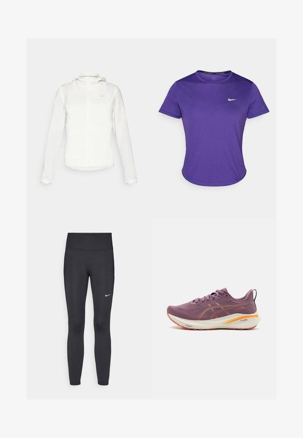 Hvid Nike-jakke med hætte, fuld lynlås, elastiske manchetter og et diskret logo på brystet. Glat tekstur og let design.; Lilla atletisk t-shirt lavet af fugttransporterende stof, med korte ærmer og rund hals. Lille hvidt logo på brystet.; Sorte leggings lavet af strækbart stof, med en høj talje og et hvidt Nike-logo på venstre lår. Glat tekstur, tætsiddende design.; Lilla løbesko med en tekstureret overdel, orange detaljer, en polstret sål og et fremtrædende logo på siden. Har snørebånd og en hælflap.