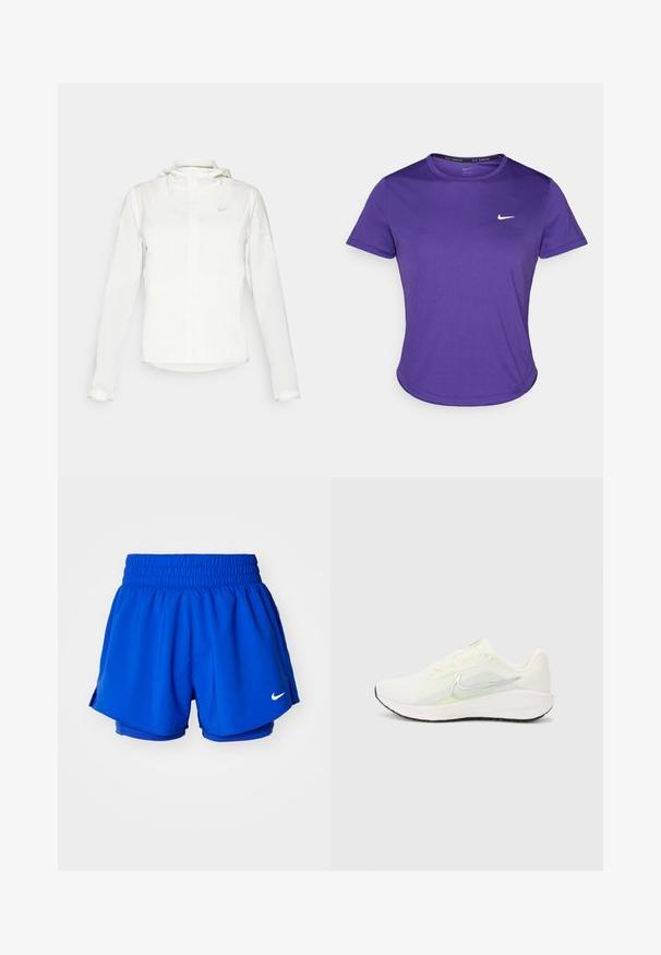 Biała kurtka Nike z kapturem, na zamek błyskawiczny, elastyczne mankiety i subtelne logo na piersi. Gładka tekstura i lekka konstrukcja.; Fioletowa koszulka sportowa wykonana z tkaniny odprowadzającej wilgoć, z krótkimi rękawami i okrągłym dekoltem. Małe białe logo na klatce piersiowej.; Niebieskie szorty sportowe z elastycznym paskiem w talii, wewnętrzną podszewką i bocznymi rozcięciami dla większej swobody ruchów. Na dolnej stronie widoczny jest mały biały logo.; Nike Performance DOWNSHIFTER 13 biały