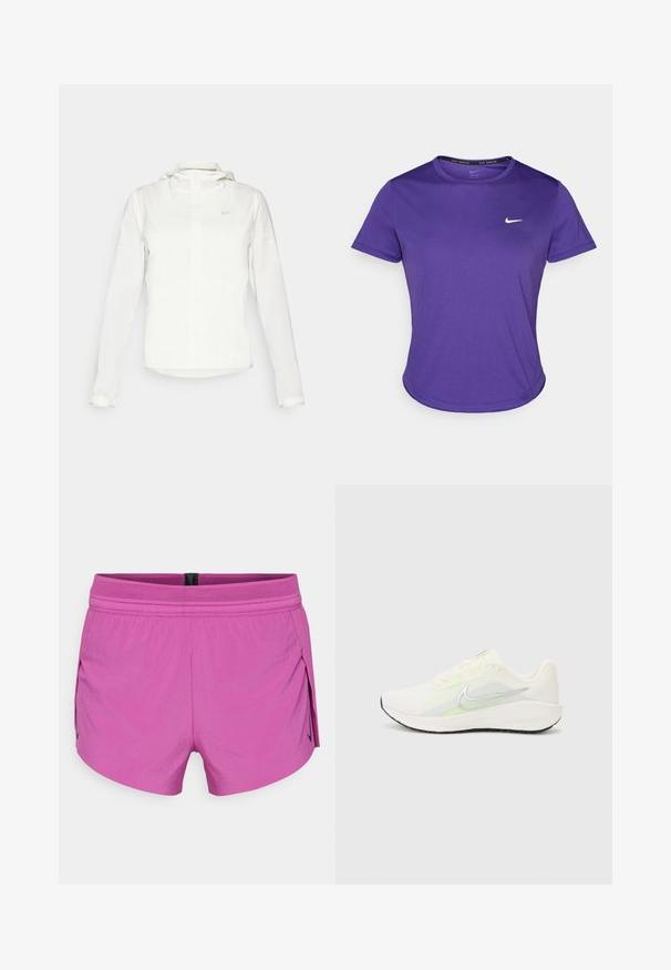 Weiße Nike-Jacke mit Kapuze, durchgehendem Reißverschluss, elastischen Bündchen und einem dezenten Logo auf der Brust. Glatte Textur und leichtes Design.; Lila Sport-T-Shirt aus feuchtigkeitstransportierendem Material, mit kurzen Ärmeln und Rundhalsausschnitt. Kleines weißes Logo auf der Brust.; Kurze rosa Sportshorts mit einem strukturierten Mesh-Bund, Bewegungsfreiheit bietend, seitlichen Schlitzen und einem schwarzen Akzentlogo auf einer Seite.; Nike Performance DOWNSHIFTER 13 - Laufschuh Straße - sail/silver-coloured photon dust/summit white/barely volt/black