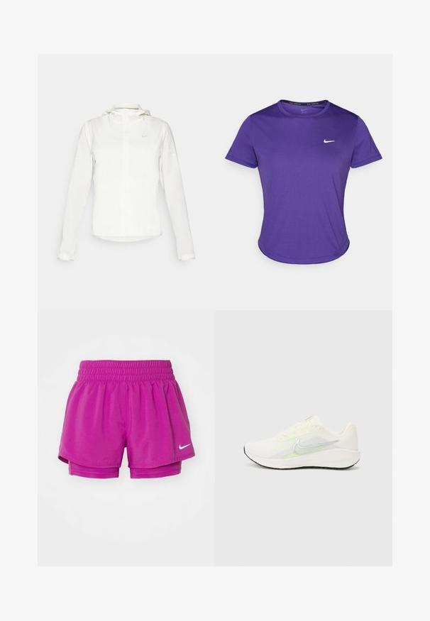Bela Nike jakna s kapuco, polno zadrgo, elastičnimi manšetami in diskretnim logotipom na prsih. Gladka tekstura in lahko oblikovanje.; Vijolična atletska majica iz materiala, ki odvaja vlago, z kratkimi rokavi in okroglim izrezom. Majhen bel logotip na prsih.; Nike atletske kratke hlače v svetlo roza barvi, z elastičnim pasom, plastehnim dizajnom z vgrajenimi hlačami in majhnim belim logotipom.; Nike Performance DOWNSHIFTER 13 - Tekaški copati za cesto - sail/silver-coloured photon dust/summit white/barely volt/black