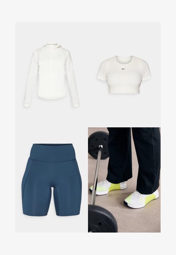 Valge Nike jakker, millel on kapuuts, täispikk tõmblukk, elastsed mansetid ja diskreetne logo rinnal. Sile tekstuur ja kerge disain.; Lühikeste varrukatega ja ümmarguse kaelusega lühikeste ülevalt lõigatud valge T-särk, mis on valmistatud soonikkoest; rinnal on väike must Nike'i logo.; Tumedat sinised trennipüksid kõrge vöökoha ning siledate õmblustega. Omavad kitsast disaini, mis ulatub keskmise reieni.; Nike Performance METCON 9 - Treeningjalatsid - white/volt cyber/summit white/black