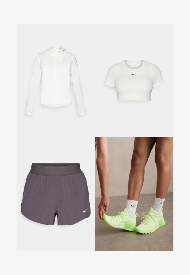 Veste blanche Nike avec capuche, fermeture éclair intégrale, poignets élastiques et un logo discret sur la poitrine. Texture lisse et design léger.; T-shirt blanc court en tissu côtelé avec des manches courtes et un col rond ; présente un petit logo Nike noir sur la poitrine.; Shorts de course Nike en gris foncé, dotés d'une large ceinture élastique, d'un tissu léger, de poches latérales et d'un logo subtil en blanc.; Baskets de sport vert fluo avec semelle texturée, design à lacets et logo Nike blanc sur le côté. Portées avec des chaussettes blanches avec des accents noirs.