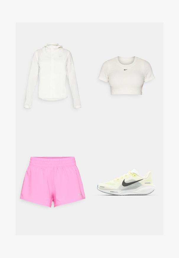 Chaqueta blanca de Nike con capucha, cremallera completa, puños elásticos y un logo sutil en el pecho. Textura suave y diseño ligero.; Camiseta blanca recortada hecha de tela acanalada con mangas cortas y cuello redondo; presenta un pequeño logo negro de Nike en el pecho.; Pantalones cortos deportivos de color rosa brillante con cintura elástica y pequeño logo de Nike en gris en el dobladillo inferior izquierdo sobre fondo blanco.; Zapatillas de correr Nike con una parte superior de malla en amarillo claro y blanco, detalles en gris y una suela de goma flexible. Cuenta con un cierre de cordones.
