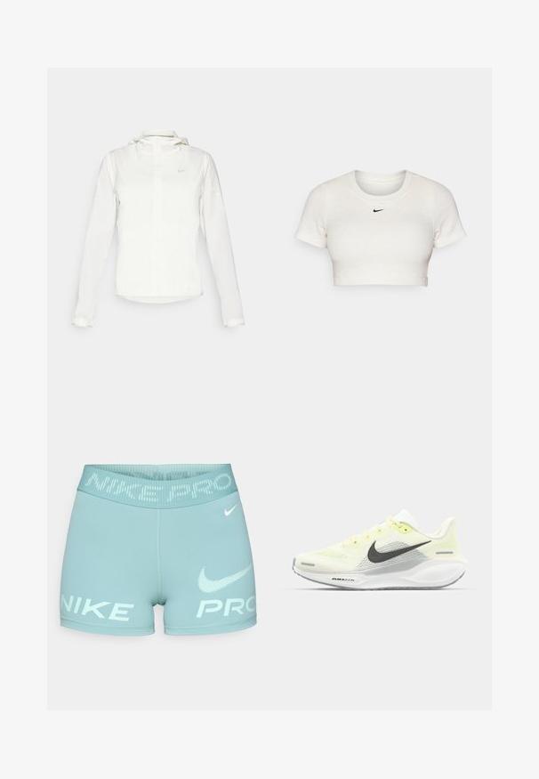 White Nike jacket with a hood, full zip, elastic cuffs, and a subtle logo on the chest. Smooth texture and lightweight design.; Cropped white T-shirt made of ribbed fabric with short sleeves and a round neck; features a small black Nike logo on the chest.; Light blue women's shorts made of stretchy fabric, featuring a wide waistband with "NIKE PRO" text and logo in white.; Nike running shoes with a light yellow and white mesh upper, grey accents, and a flexible rubber sole. Features a lace-up closure.