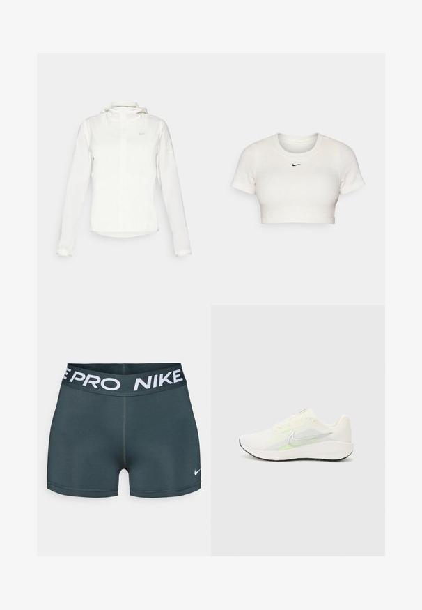 Casaco branco da Nike com capuz, fecho completo, punhos elásticos e um logótipo subtil no peito. Textura suave e design leve.; T-shirt branca cropped feita de tecido canelado com mangas curtas e decote redondo; apresenta um pequeno logótipo preto da Nike no peito.; Calções de desporto Nike Pro em cinza escuro com uma cintura elástica larga, apresentando "NIKE PRO" em letras brancas e um pequeno logotipo swoosh da Nike em branco.; Nike Performance DOWNSHIFTER 13 - Sapatos para corrida em estrada - sail/silver-coloured photon dust/summit white/barely volt/black