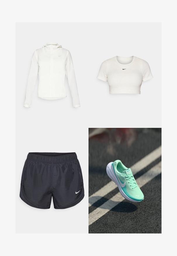 Casaco branco da Nike com capuz, fecho completo, punhos elásticos e um logótipo subtil no peito. Textura suave e design leve.; T-shirt branca cropped feita de tecido canelado com mangas curtas e decote redondo; apresenta um pequeno logótipo preto da Nike no peito.; Calções atléticos pretos com um cós elástico, feitos de material leve, com um pequeno logótipo da Nike em branco no lado inferior esquerdo.; Sapatilha de corrida leve, verde menta, com parte superior em malha, colarinho acolchoado e sola de borracha branca. Logótipo da Nike na lateral; atacadores visíveis.
