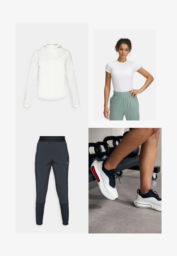 Biała kurtka Nike z kapturem, na zamek błyskawiczny, elastyczne mankiety i subtelne logo na piersi. Gładka tekstura i lekka konstrukcja.; Biała dopasowana koszulka z krótkimi rękawami, w połączeniu z jasnzielonymi spodniami na elastycznym pasie. Gładka tekstura, minimalistyczny design i brak widocznych wzorów.; Spodnie sportowe Nike w ciemnoszarym kolorze, z tapered leg design, elastycznym paskiem w talii oraz akcentami przy nogawkach.; Białe i czarne buty sportowe z teksturowaną cholewką, okrągłym noskiem, czarnymi sznurówkami i czerwonym akcentem po boku, ustawione obok kettlebelli.
