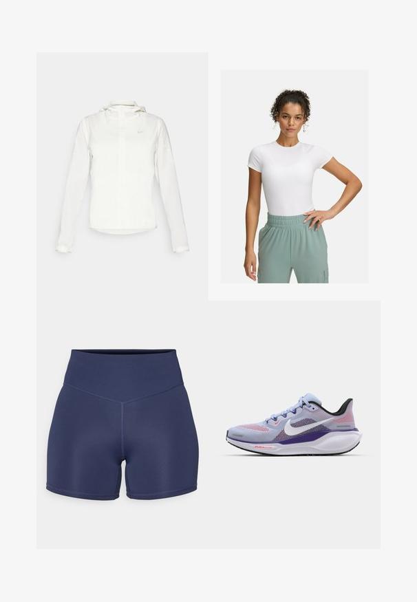 Vit Nike-jacka med huva, hel dragkedja, elastiska ärmslutar och en diskret logotyp på bröstet. Slät textur och lätt design.; Vit åtsittande t-shirt med korta ärmar, kombinerad med byxor i ljusgrön med resårmidja. Slät textur, minimalistisk design och inga synliga mönster.; Mörkblå träningsshorts gjorda av stretchigt material med hög midja, med sömlös sömnad och en figurnära design.; Ljusblå Nike löparsko med meshtopp, lila accenter, svart häl och vit sula som har "AIR 200"-märke i rött.
