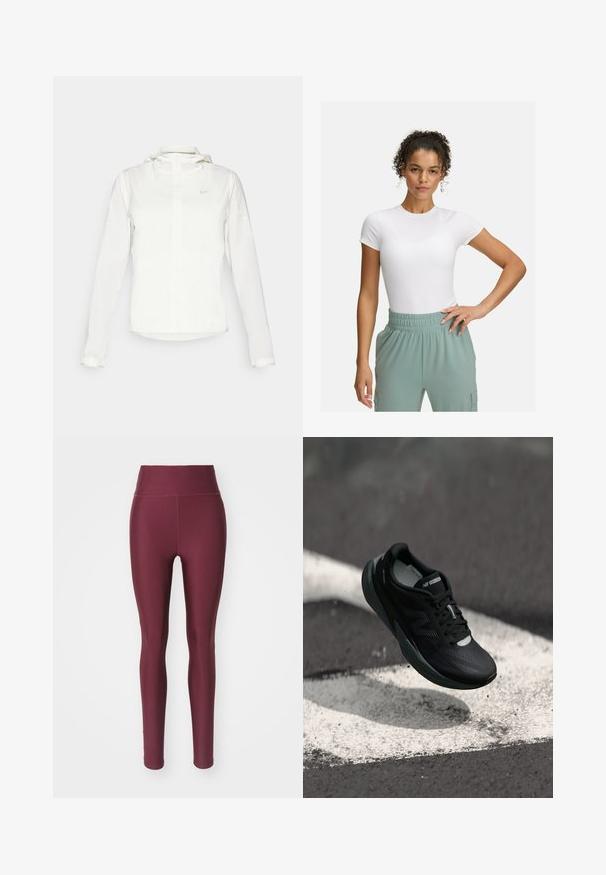 Giacca Nike bianca con cappuccio, zip completa, polsini elasticizzati e un logo discreto sul petto. Texture liscia e design leggero.; T-shirt bianca aderente con maniche corte, abbinata a pantaloni con elastico in vita di colore verde chiaro. Texture liscia, design minimalista e nessun motivo visibile.; Leggings bordeaux con vita alta, texture liscia e design aderente, progettati per comfort e flessibilità durante le attività.; Scarpa da corsa nera con una tomaia testurizzata, design elegante e dettagli riflettenti. Presenta una suola morbida e ammortizzata per il comfort.