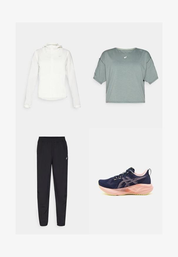 White Nike jacket with a hood, full zip, elastic cuffs, and a subtle logo on the chest. Smooth texture and lightweight design.; ASICS NAGINO RUN TOP - Sports T-shirt - monument blue; Black sports pants featuring an elastic waistband, tapered legs with cuffs, made of a lightweight, smooth material, and a small logo on the thigh.; Navy blue running shoes with a mesh upper, pink accents, and green outsole. Features a distinctive shaped sole and lace-up design.