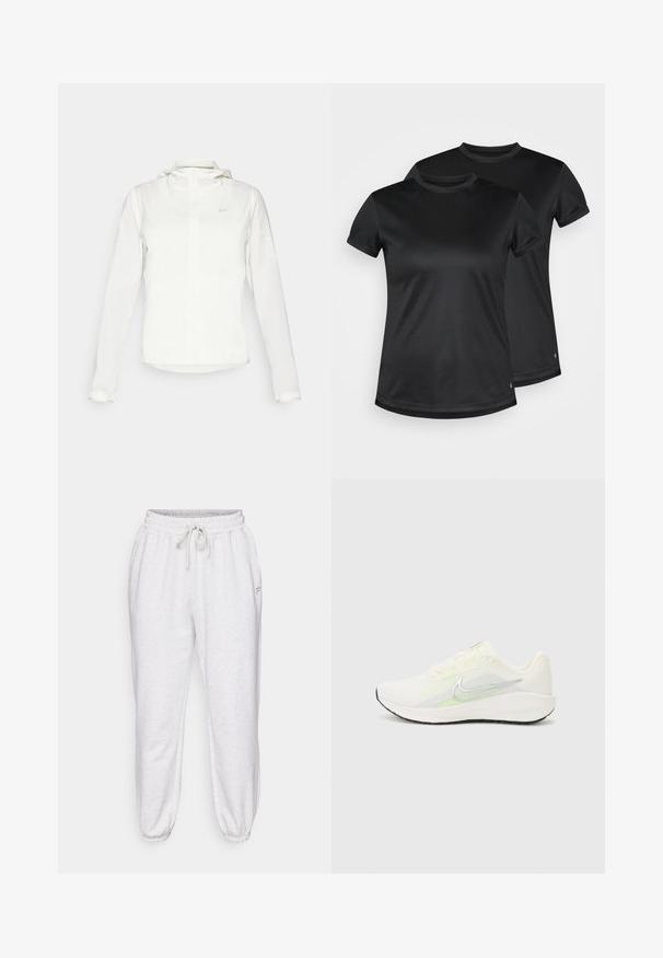 Casaco branco da Nike com capuz, fecho completo, punhos elásticos e um logótipo subtil no peito. Textura suave e design leve.; T-shirts pretas de manga curta feitas de tecido liso e respirável com gola redonda. Duas camisolas exibidas, ambas com um detalhe subtil do logótipo.; Calças jogger cinza claro, feitas de um tecido macio, com um cós elástico, cordão regulador e punhos afunilados, além de bolsos laterais.; Nike Performance DOWNSHIFTER 13 - Sapatos para corrida em estrada - sail/silver-coloured photon dust/summit white/barely volt/black