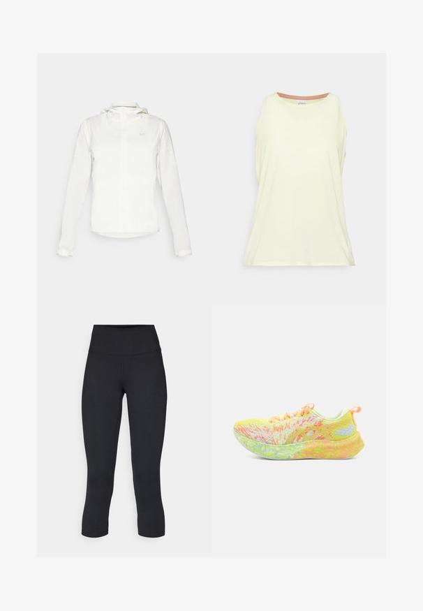 White Nike jacket with a hood, full zip, elastic cuffs, and a subtle logo on the chest. Smooth texture and lightweight design.; Light yellow sleeveless tank top made of soft fabric. Round neckline with a contrasting inner trim. Relaxed fit with side slits.; Black cropped leggings made of stretchy fabric, featuring a high waistband and smooth texture, with no visible patterns or hardware.; ASICS NOOSA TRI 16 - Road running shoes - safety yellow/cool matcha