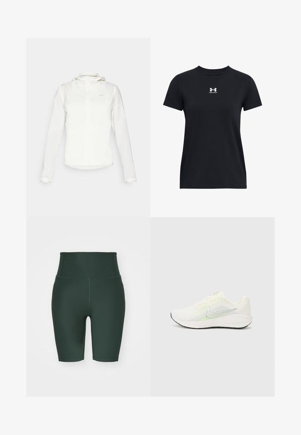 Vit Nike-jacka med huva, hel dragkedja, elastiska ärmslutar och en diskret logotyp på bröstet. Slät textur och lätt design.; Svart kortärmad T-shirt i bomull. Har en rund halsringning och en vit Under Armour-logotyp på bröstet. Enkel, enfärgad design.; Höga cykelbyxor i mörkgrön, tillverkade av stretchigt tyg. Har en slät yta, platta sömmar och en åtsittande design.; Nike Performance DOWNSHIFTER 13 - Väglöparskor - sail/silver-coloured photon dust/summit white/barely volt/black