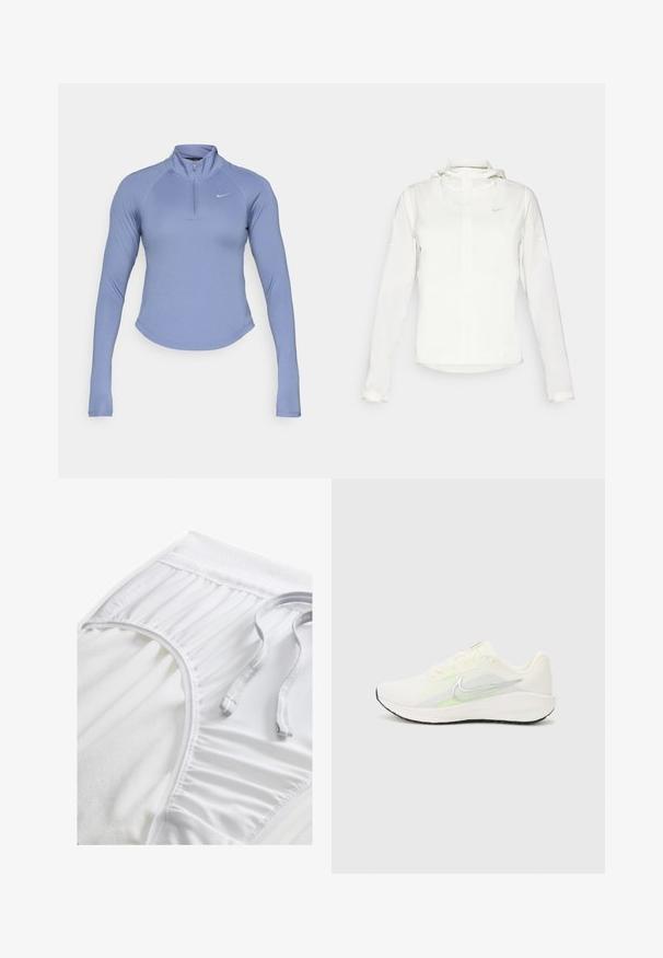 White Nike jacket with a hood, full zip, elastic cuffs, and a subtle logo on the chest. Smooth texture and lightweight design.; Light blue long-sleeve zip-up top made of smooth, stretchy material. Features a high collar and a small logo on the left chest.; White athletic shorts with a textured waistband, gathered side details, and a flat drawstring. Soft fabric with smooth finish.; Nike Performance DOWNSHIFTER 13 - Road running shoes - sail/silver-coloured photon dust/summit white/barely volt/black