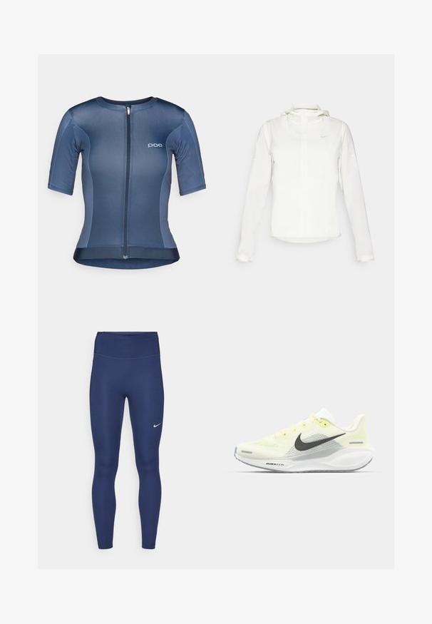 Vit Nike-jacka med huva, hel dragkedja, elastiska ärmslutar och en diskret logotyp på bröstet. Slät textur och lätt design.; Kortärmad cykeltröja i ett slätt och elastiskt blått tyg, har en dragkedja fram, POC-logotyp och en något rundad nederkant.; Marinblå leggings med hög midja, tillverkade av elastiskt material. Har subtila stygn och en liten vit Nike-logga på vänster lår.; Nike löparskor med ett ljusgult och vitt nätövre, grå detaljer och en flexibel gummisul. Har en snörning för stängning.