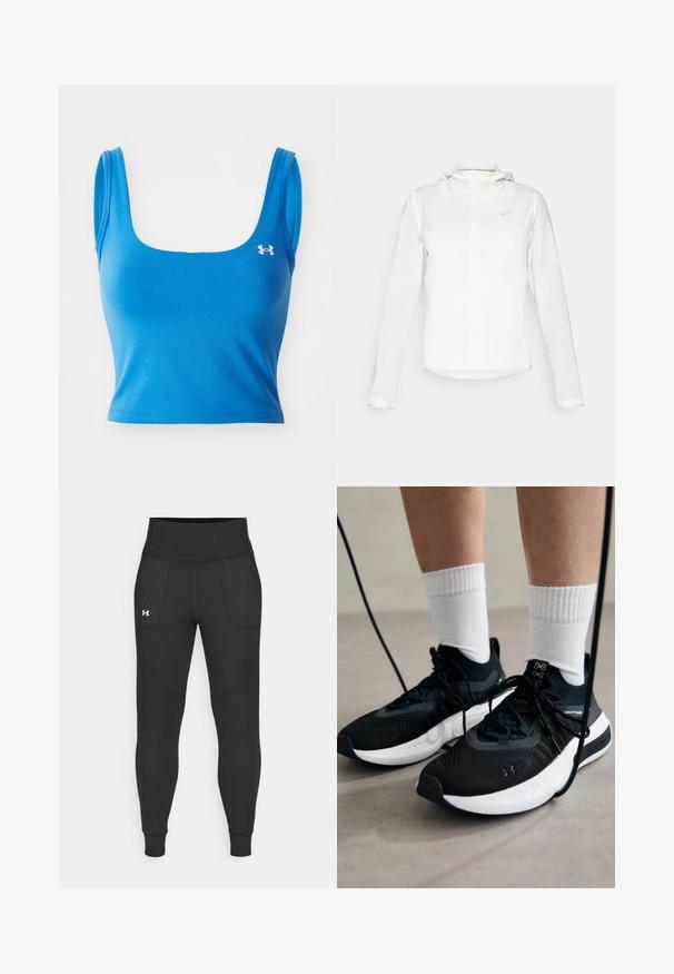 Fehér Nike dzseki kapucnival, teljes cipzárral, rugalmas mandzsettákkal és egy diszkrét logóval a mellkason. Sima textúrájú és könnyű kialakítású.; Kék sportos crop top négyzet alakú nyakkivágással és vékony pántokkal. Simább, rugalmas anyagból készült. Bal oldalon logóval ellátva.; Fekete sportleggings rugalmas anyagból, magas derékfűzéssel, oldalsó zsebekkel és szűkített szárakkal a bokán.; Fekete sportcipők textúrált anyagból, fehér talppal és fekete fűzőkkel. Fehér bordázott zoknikkal viselve, világos felületen állva.