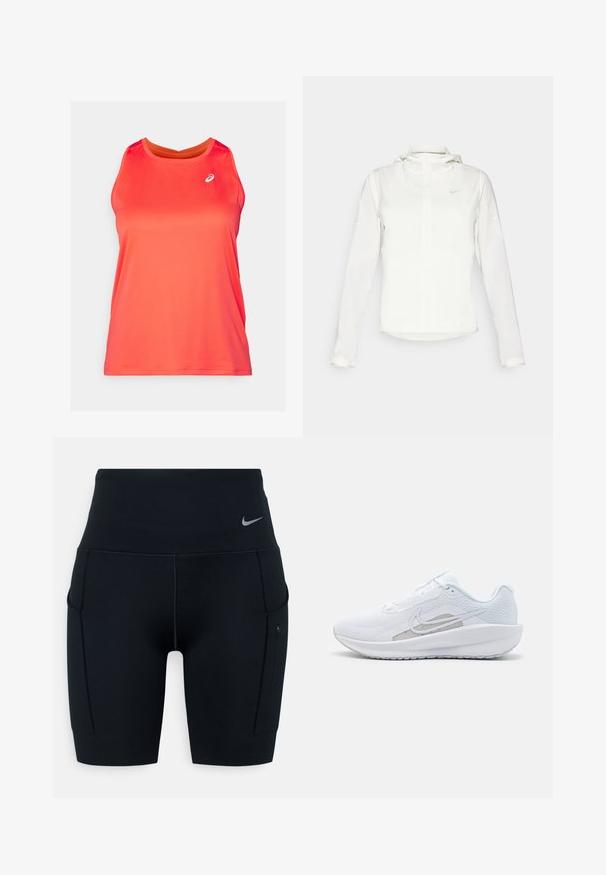 Balta Nike striukė su gobtuvu, pilnu užtrauktuku, elastingomis rankovėmis ir subtiliu logotipu ant krūtinės. Sklandi tekstūra ir lengvas dizainas.; Ryškiai raudona sportinė maikutė su apvalia iškirpte, pagaminta iš lengvos, tekstūruotos medžiagos; turi mažą logotipą viršutinėje kairėje pusėje.; Juodos aukšto liemens sportinės šortai, pagaminti iš elastingos medžiagos; turi šonines kišenes ir mažą Nike logotipą ant juosmens.; Baldas sportinis batelis su tinkleliu viršuje, apvaliu toe ir tekstūruota padais. Pabrėžia sidabrinį Nike swoosh ir minimalistinį dizainą.