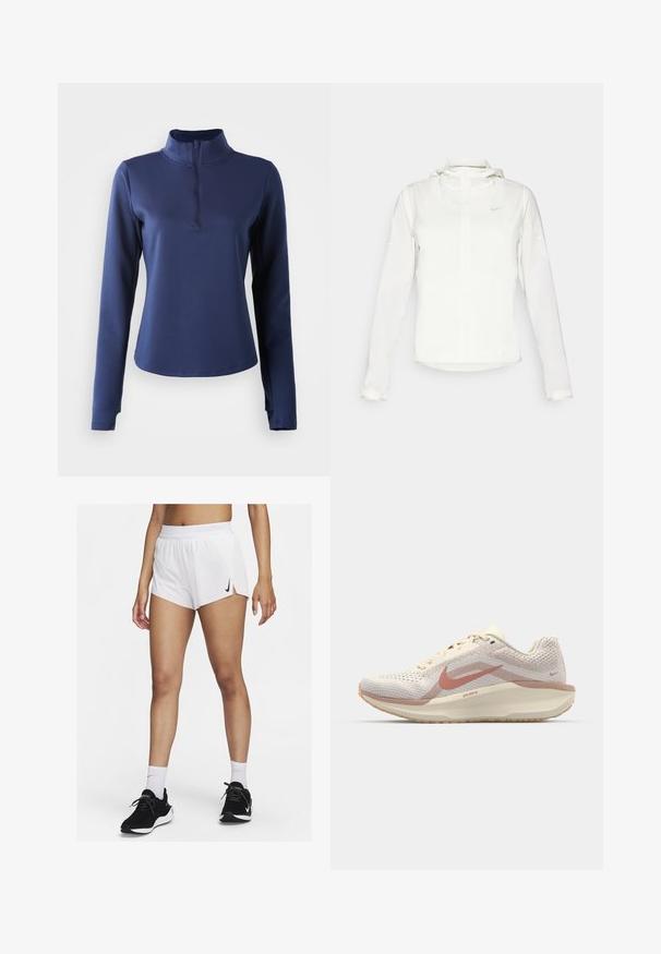 Witte Nike-jack met een capuchon, volledige rits, elastische manchetten en een subtiele logo op de borst. Gladde textuur en lichtgewicht ontwerp.; Navy langmouw shirt met een hoge kraag en een kwart rits. Glad materiaal, getailleerd ontwerp en stiksel details rond de halslijn.; Witte sportshorts met een geribbelde tailleband, zijsplitten en een zwarte Nike-logo. Draag ze met zwarte sneakers en witte kousen tot aan de kuit.; Lichte hardloopschoen in lichtbeige mesh met roze accenten. Heeft een gevoerde zool en een ademend bovenwerk voor comfort en ondersteuning.