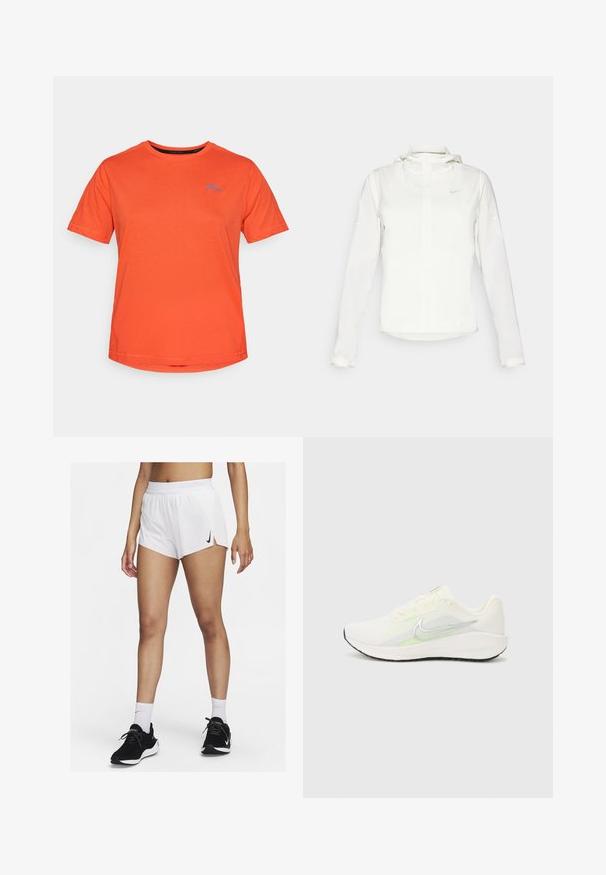 Bela Nike jakna s kapuco, polno zadrgo, elastičnimi manšetami in diskretnim logotipom na prsih. Gladka tekstura in lahko oblikovanje.; Oranžna majica s kratkimi rokavi iz mehkega bombaža, z modrim gorskim logotipom na levi strani prsnega predela, okroglim ovratnikom in redno prileganjem.; Beli atletski šort z rebrastim pasom, stranskimi zarezi in črnim logotipom Nike. Nošen s črnimi supergami in belimi nogavicami do gležnja.; Nike Performance DOWNSHIFTER 13 - Tekaški copati za cesto - sail/silver-coloured photon dust/summit white/barely volt/black