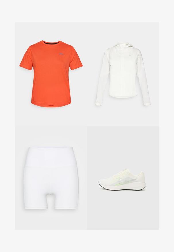 Valge Nike jakker, millel on kapuuts, täispikk tõmblukk, elastsed mansetid ja diskreetne logo rinnal. Sile tekstuur ja kerge disain.; Kuidu lühikeste varrukatega oranž T-särk, mis on valmistatud pehmest puuvillast, vasakul rinnal sinise mäe logoga, ümmarguse kaeluse ja tavalise lõikega.; Valged kõrge vöökohaga lühikesed püksid, mis on valmistatud venivast kangast. Omab siledat tekstuuri ja mugavat lõiget, ilma lisamustrideta või -detailideta.; Nike Performance DOWNSHIFTER 13 - Maanteejooksu jalatsid - sail/silver-coloured photon dust/summit white/barely volt/black