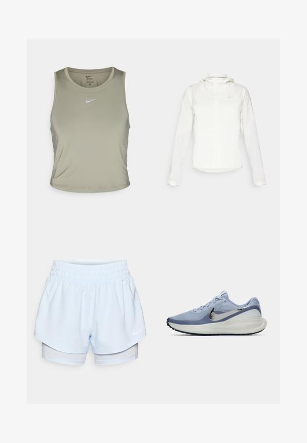 Hvit Nike-jakke med hette, hel glidelås, elastiske mansjetter og en diskret logo på brystet. Glatt tekstur og lett design.; Grønn treningstopp laget av fukttransporterende stoff. Har rund hals, er ermeløs, og har en liten blå logo foran.; Lyseblå treningsshorts med elastisk midje. Ytterlaget har kort snitt, mens innerlaget er tettsittende og laget av pustende stoff.; Lys blå og hvit Nike løpesko med sølvfarget swoosh, pustende mesh-overdel, polstret såle og svart yttersåle med mønster.