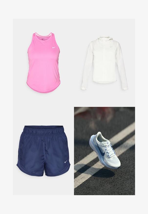 Biela Nike bunda s kapucňou, plným zipsom, elastickými manžetami a jemným logom na hrudi. Hladká textúra a ľahký dizajn.; Ružový športový tielko s okrúhlym lemom, vyrobené z hladkej a ľahkej tkaniny; na prednej strane sa nachádza malé biele logo Nike.; Námornícke športové šortky s elastickým pásom a bočnými sieťovanými panelmi. Obsahujú malé biele logo Nike v dolnom ľavom rohu.; Biele atletické topánky s priedušným sieťovým zvrškom a modrými akcentmi. Vlastnosti zahŕňajú polstrovanú podrážku a ploché šnúrky. Stredná podrážka zobrazuje značku "Air Zoom".