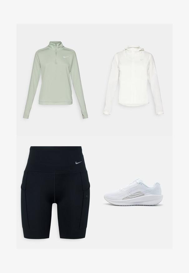 Weiße Nike-Jacke mit Kapuze, durchgehendem Reißverschluss, elastischen Bündchen und einem dezenten Logo auf der Brust. Glatte Textur und leichtes Design.; Nike Performance DRI-FIT PACER - Langarmshirt - jade horizon; Schwarze hochtaillierte Sportshorts aus dehnbarem Material; verfügt über Seitentaschen und ein kleines Nike-Logo am Bund.; Weißer Sport Schuh mit Mesh-Obermaterial, abgerundeter Zehenpartie und strukturiertem Sohlenprofil. Mit einem silbernen Nike Swoosh und minimalistischem Design.