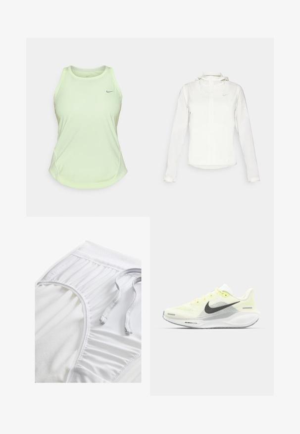 Witte Nike-jack met een capuchon, volledige rits, elastische manchetten en een subtiele logo op de borst. Gladde textuur en lichtgewicht ontwerp.; Lichtgroene sporttanktop gemaakt van ademend materiaal, met een ronde halslijn, brede banden en een klein grijs logo op de borst.; Witte sportshorts met een gestructureerde tailleband, geplooide zijkanten en een platte trekkoord. Zachte stof met een gladde afwerking.; Nike hardloopschoenen met een lichtgele en witte mesh bovenkant, grijze accenten en een flexibele rubberen zool. Voorzien van een vetersluiting.