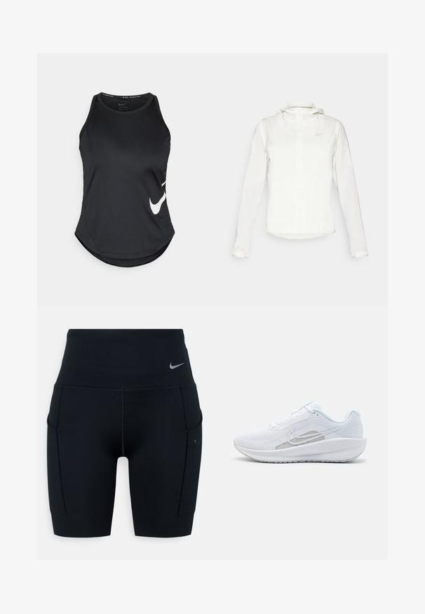 Biała kurtka Nike z kapturem, na zamek błyskawiczny, elastyczne mankiety i subtelne logo na piersi. Gładka tekstura i lekka konstrukcja.; Czarny sportowy top na ramiączkach wykonany z gładkiego materiału, z zaokrąglonym dołem i wyraźnym białym logo Nike po lewej stronie.; Czarne, wysokie spodenki sportowe z elastycznego materiału; mają boczne kieszenie oraz małe logo Nike na pasku.; Białe sportowe buty z siateczkową cholewką, zaokrąglonym noskiem i teksturowaną podeszwą. Posiadają srebrny logo Nike i minimalistyczny design.