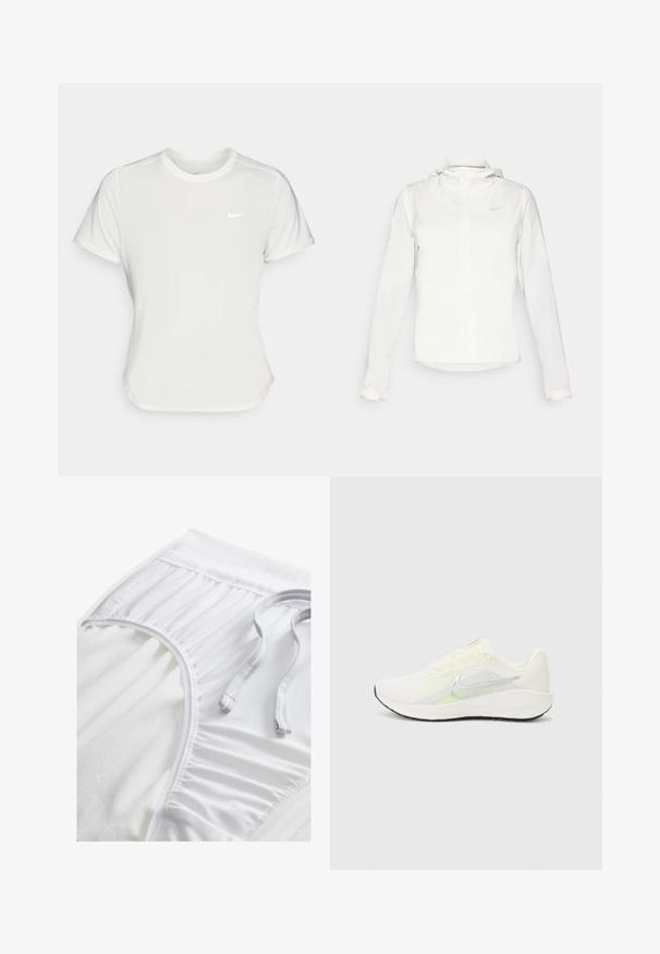 Hvid Nike-jakke med hætte, fuld lynlås, elastiske manchetter og et diskret logo på brystet. Glat tekstur og let design.; Nike T-shirt i hvid, med korte ærmer, rund halsudskæring, lavet af et glat, let stof. Har et diskret logo på brystet.; Hvide atletiske shorts med en tekstureret talje, sammensnørede sideløsninger og en flad snoretræk. Blødt stof med en glat overflade.; Nike Performance DOWNSHIFTER 13 - Løbesko til landevejen - sail/silver-coloured photon dust/summit white/barely volt/black