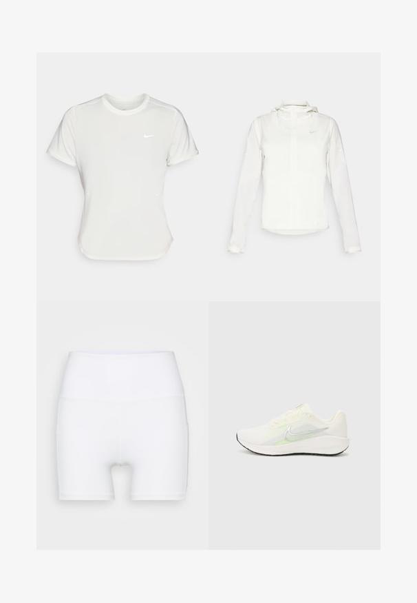 Balta Nike jaka ar kapuci, pilna rāvējslēdzēja, elastīgām piedurknēm un diskrētu logotipu uz krūšu daļas. Gluda tekstūra un viegla konstrukcija.; Nike t-krekls baltā krāsā, īsām piedurknēm, ar apaļu kakla izgriezumu, izgatavots no gludas, vieglas auduma. Uz krūtīm ir diskreta logo.; Baltā krāsā augsto jostasvietu šorti, izgatavoti no elastīga auduma. Raksturīga gluda virsma un pieguļoša piegriezuma forma, bez papildu rakstiem vai detaļām.; Nike Performance DOWNSHIFTER 13 - Apavi skriešanai pa asfaltu - sail/silver-coloured photon dust/summit white/barely volt/black