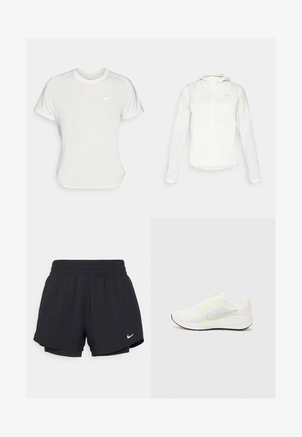 Hvid Nike-jakke med hætte, fuld lynlås, elastiske manchetter og et diskret logo på brystet. Glat tekstur og let design.; Nike T-shirt i hvid, med korte ærmer, rund halsudskæring, lavet af et glat, let stof. Har et diskret logo på brystet.; Sorte atletiske shorts med en samlet elastisk talje, indvendig foring og hvidt Nike-logo nederst til venstre. Glat, letvægtsstof.; Nike Performance DOWNSHIFTER 13 - Løbesko til landevejen - sail/silver-coloured photon dust/summit white/barely volt/black