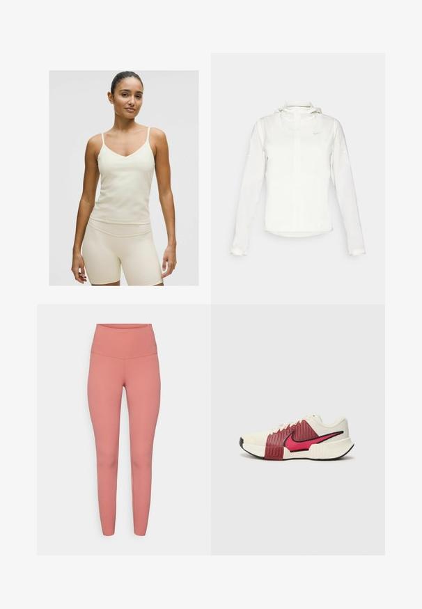 Witte Nike-jack met een capuchon, volledige rits, elastische manchetten en een subtiele logo op de borst. Gladde textuur en lichtgewicht ontwerp.; Lichtbeige sporttop met dunne bandjes, V-hals en een soepele stof. Gecombineerd met bijpassende aansluitende shorts in dezelfde kleur.; Roze high-waisted leggings gemaakt van elastisch materiaal, met een gladde textuur en een aansluitend ontwerp zonder zichtbare patronen of hardware.; Nike sneakers met een crèmekleurige bovenkant, rode textuurelementen, zwarte details en een geprinte tussenzool. Voorzien van een vetersluiting en een gevoerde zool.