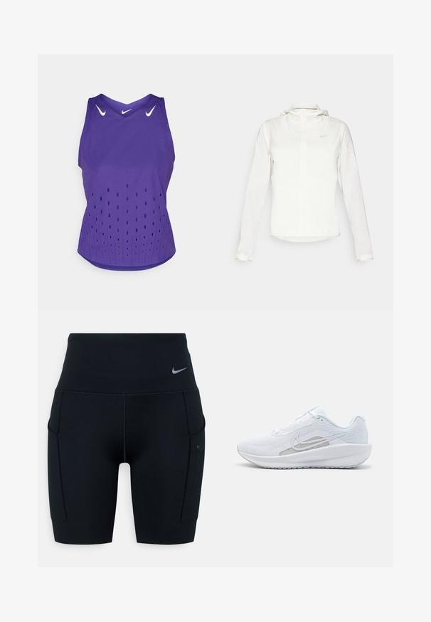 Bílá bunda Nike s kapucí, plným zipem, elastickými manžetami a decentním logem na hrudi. Hladká textura a lehký design.; Fialové sportovní tílko s v-výstřihem, na kterém se nacházejí bílé loga Nike a perforované tečkované vzory pro ventilaci. Měkká látka, bez rukávů.; Černé sportovní šortky s vysokým pasem vyrobené z pružného materiálu; mají boční kapsy a malou Nike logo na pásku.; Bílé sportovní boty s síťovaným vrškem, zaoblenou špičkou a texturovanou podrážkou. Mají stříbrný logo Nike a minimalistický design.
