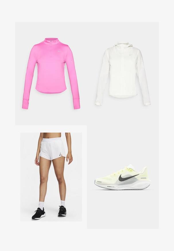 Giacca Nike bianca con cappuccio, zip completa, polsini elasticizzati e un logo discreto sul petto. Texture liscia e design leggero.; Maglietta sportiva rosa a maniche lunghe con collo a mezza zip, vestibilità aderente, orlo rotondo e logo Nike riflettente sulla parte superiore sinistra. Tessuto morbido e elastico.; Pantaloncini sportivi bianchi con vita a coste, spacchi laterali e logo Nike nero. Indossati con scarpe da ginnastica nere e calzini bianchi alti.; Scarpe da corsa Nike con una tomaia in rete giallo chiaro e bianco, dettagli grigi e una suola in gomma flessibile. Presentano una chiusura con lacci.
