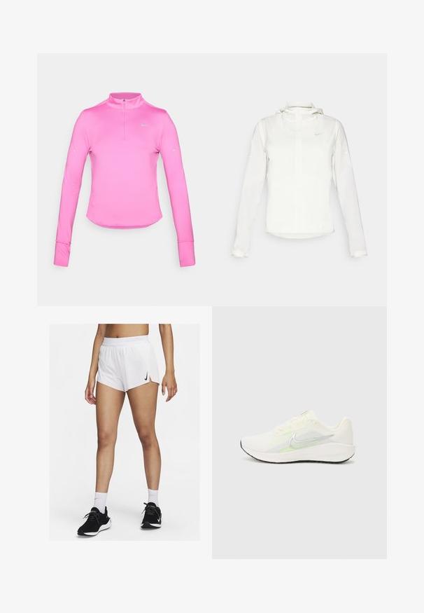 Bela Nike jakna s kapuco, polno zadrgo, elastičnimi manšetami in diskretnim logotipom na prsih. Gladka tekstura in lahko oblikovanje.; Roza športna majica z dolgimi rokavi in pol-zadrgo, tesno prilegajoča, okrogla roba ter odsevni Nike logo na zgornji levi strani. Mehka, raztegljiva tkanina.; Beli atletski šort z rebrastim pasom, stranskimi zarezi in črnim logotipom Nike. Nošen s črnimi supergami in belimi nogavicami do gležnja.; Nike Performance DOWNSHIFTER 13 - Tekaški copati za cesto - sail/silver-coloured photon dust/summit white/barely volt/black