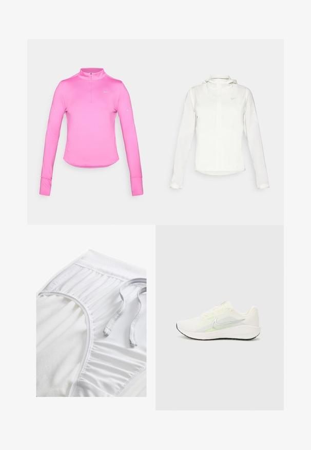 Bijela Nike jakna s kapuljačom, punim zatvaračem, elastičnim manžetama i suptilnim logotipom na prsima. Glatka textura i lagan dizajn.; Dugi rukav ružičasta atletska majica s polu-zip ovratnikom, uskim krojem, okruglim rubom i reflektirajućim Nike logotipom na gornjoj lijevoj strani. Mekana, rastezljiva tkanina.; Bijele atletske kratke hlače s teksturiranim pojasom, nabranim bočnim detaljima i ravnim vezicom. Mekani materijal s glatkom završnom obradom.; Nike Performance DOWNSHIFTER 13 - Tenisice za cestovno trčanje - sail/silver-coloured photon dust/summit white/barely volt/black