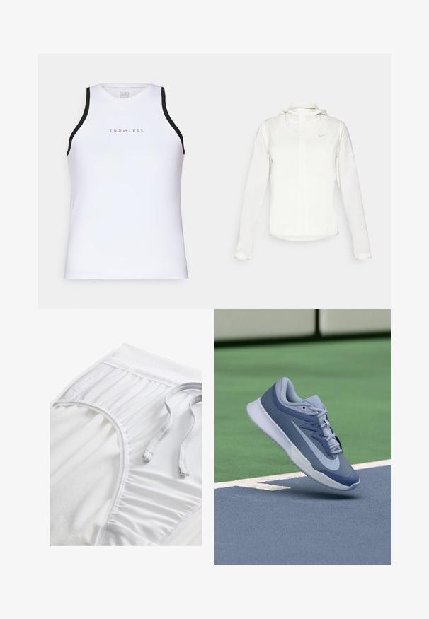 Bijela Nike jakna s kapuljačom, punim zatvaračem, elastičnim manžetama i suptilnim logotipom na prsima. Glatka textura i lagan dizajn.; Endless ESSENTIAL - Top - white; Bijele atletske kratke hlače s teksturiranim pojasom, nabranim bočnim detaljima i ravnim vezicom. Mekani materijal s glatkom završnom obradom.; Sportske tenisice u svijetloplavoj i tamnoplavoj boji, s teksturiranim gornjim dijelom, ravnim vezicama i laganim bijelim potplatom. Iznad su povišene u odnosu na teren.